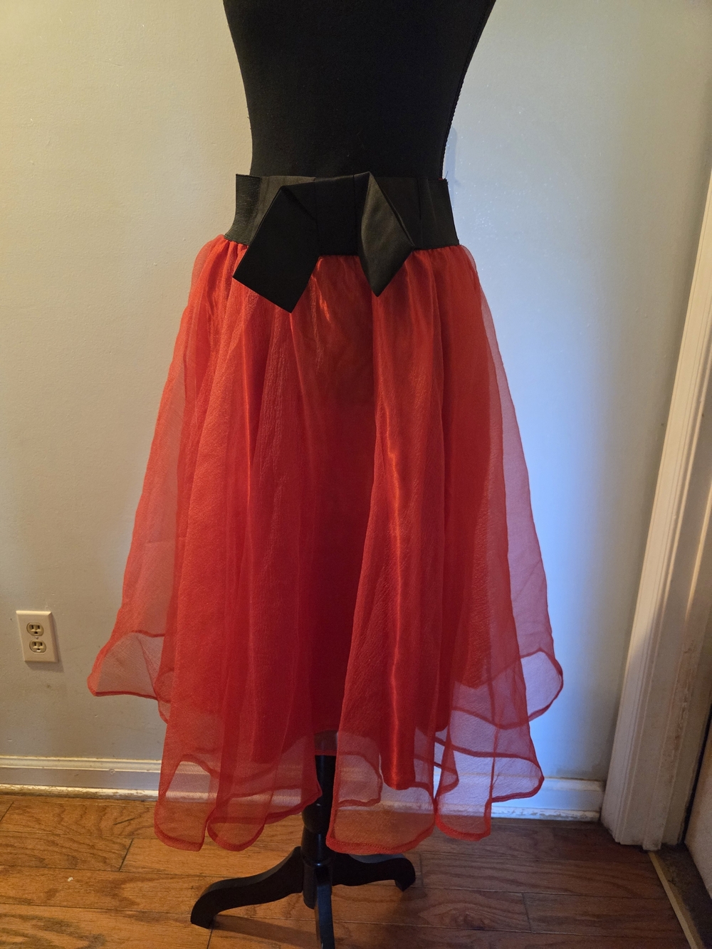 Red Organza Skirt with Black Waist Bow
